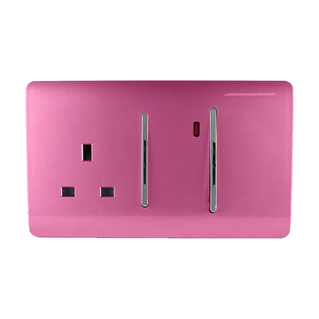 45A Cooker Control Unit in pink with a screwless polycarbonate plate, chrome double pole rockers, a 13A socket, and red neon indicator, shown on a white background.