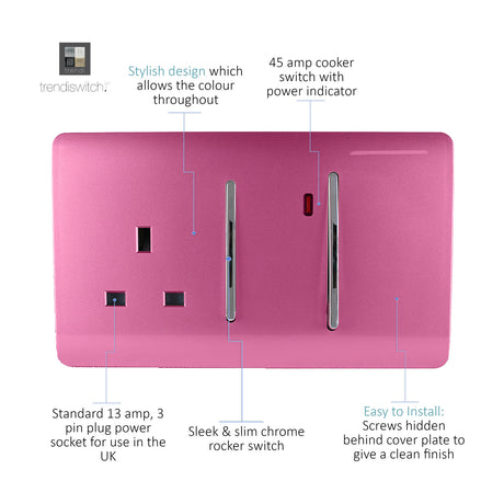 45A Cooker Control Unit in pink with chrome rocker switches, 13A socket, power indicator, and screwless plate on a white background.