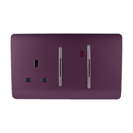 45A Cooker Control Unit in plum with screwless plate, featuring a 13A switched socket and two chrome double pole rockers with a red neon indicator, on a white background.