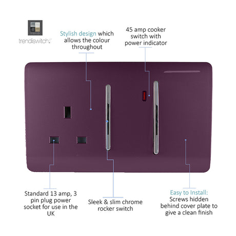 45A cooker control unit in plum with chrome rockers, featuring a 13A switched socket, slim dual rocker switches, and a power indicator light, shown on a white background.