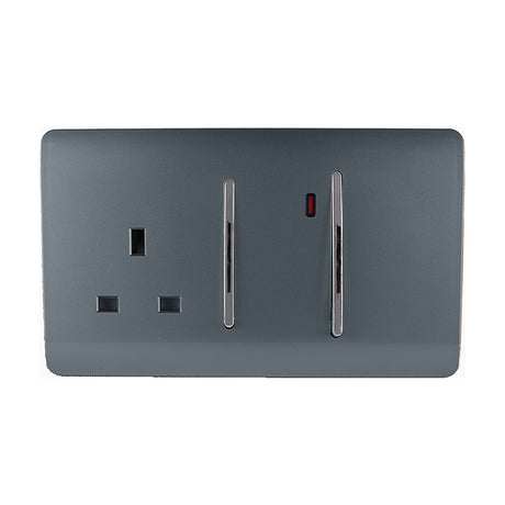 45A Cooker Control Unit in warm grey with a 13A socket, screwless double pole rocker switches, chrome insert, and neon indicator, shown on a plain white background.