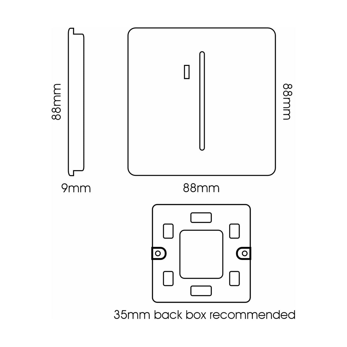 Technical line drawing of a 1 Gang 45A Double Pole Neon Light Switch in carbon fibre, showing front, side, and rear views with 88mm x 88mm dimensions, 9mm depth, and 35mm back box guidance.