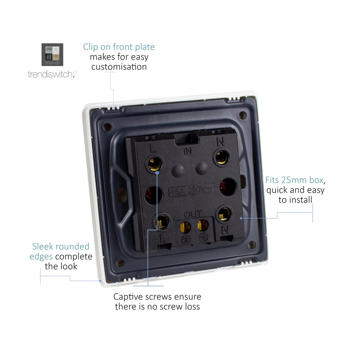 Rear view of a 1 Gang 45A Double Pole Neon Light Switch showing terminals marked L, N, IN, OUT with captive screws, screwless clip-on carbon fibre plate, and diagram labels on a white background.
