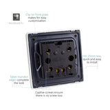 Rear view of a 1 Gang 45A Double Pole Neon Light Switch showing terminals marked L, N, IN, OUT with captive screws, screwless clip-on carbon fibre plate, and diagram labels on a white background.