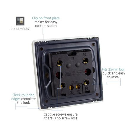 Rear view of a 1 Gang 45A Double Pole Neon Light Switch showing terminals marked L, N, IN, OUT with captive screws, screwless clip-on carbon fibre plate, and diagram labels on a white background.