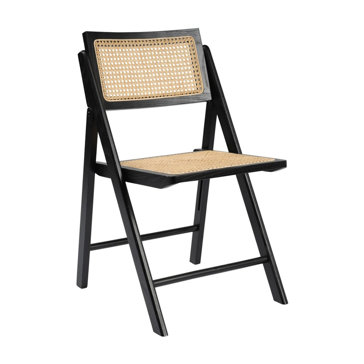 Ashton folding dining chair with black matt ash wood frame and natural cane back and seat, shown at an angle on a plain white background.