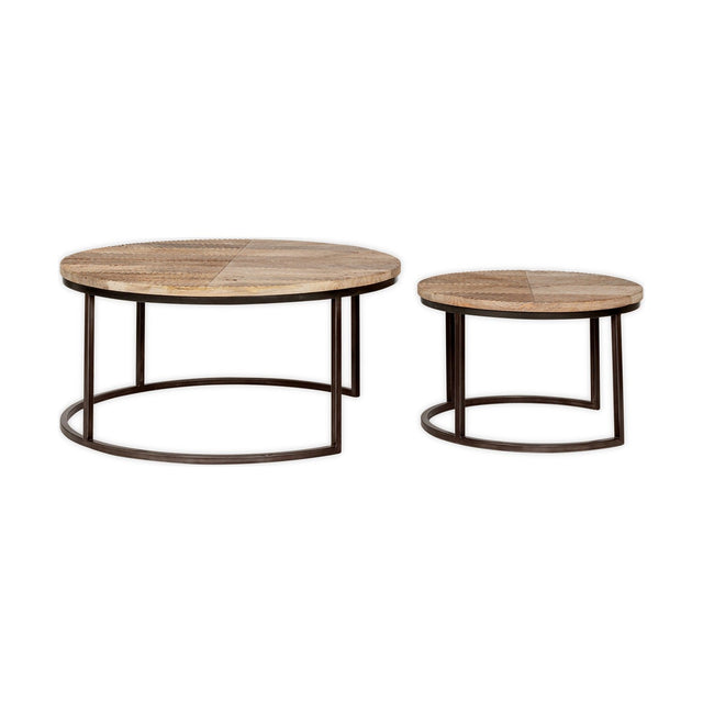 Aasha Carved Mango Wood & Iron Nesting Coffee Tables - Natural (Set of 2)