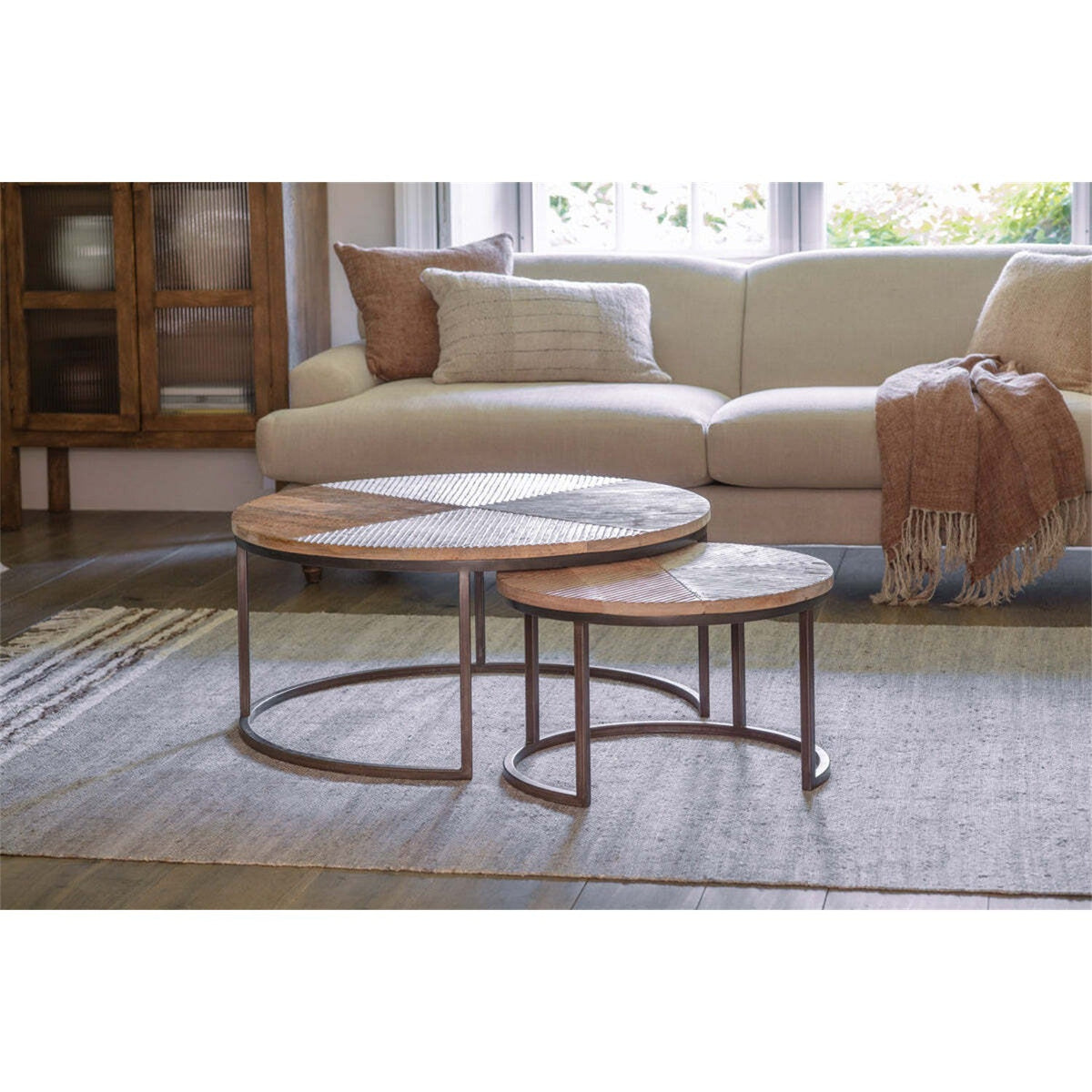 Aasha Carved Mango Wood & Iron Nesting Coffee Tables - Natural (Set of 2), styled view 2