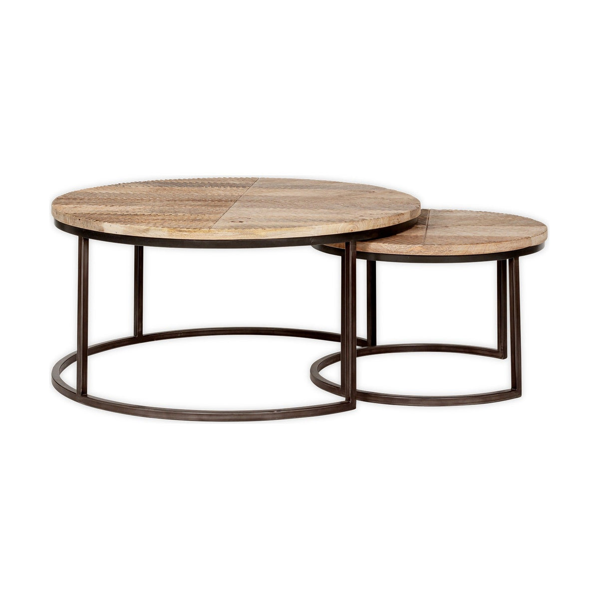 Aasha Carved Mango Wood & Iron Nesting Coffee Tables - Natural (Set of 2), detail of the mango wood