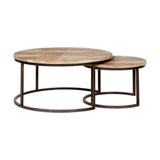 Aasha Carved Mango Wood & Iron Nesting Coffee Tables - Natural (Set of 2), detail of the mango wood