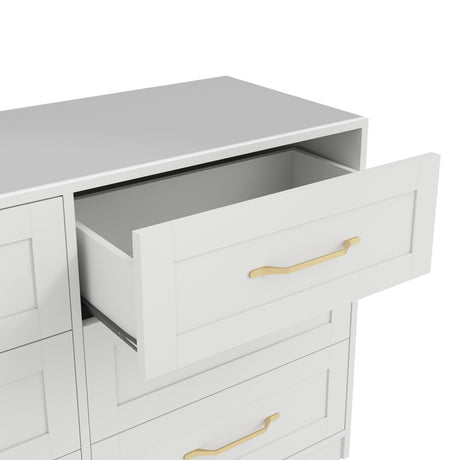Austen 6 drawer chest of drawers in white, close-up of an open Shaker-style drawer with gold handle, shown against a plain white background.