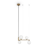The Ring 4 Light Circular Suspension features a minimalist design with four white glass diffusers at varying heights on thin rods and a brass finish, adding elegance to any space.
