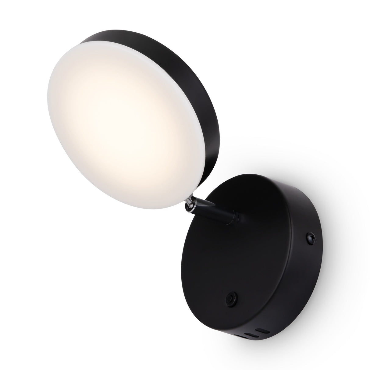 The Fad Dimmable LED Adjustable Wall Light in black features a round base and an adjustable circular light on a short arm, emitting a soft, even glow. Its a modern wall-mounted fixture perfect for any space.