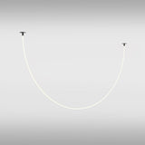 The Tau LED Pendant Light 3000K 40W - Black showcases modern lighting with its thin, flexible neon silicon diffuser forming a gentle U-shape between two small hooks against a gradient gray background.