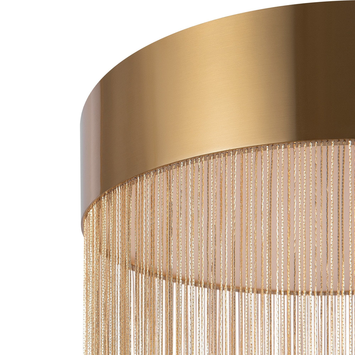 Close-up of the Imaginary LED Small Ceiling Light - Gold: a luxurious design with a wide, smooth, reflective cylindrical top. Delicate gold chains hang in parallel lines, creating an elegant layered appearance.