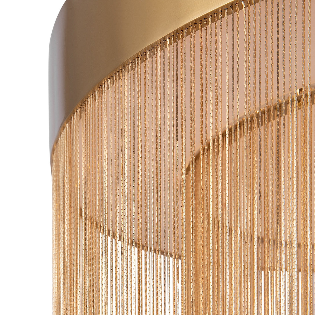 The Imaginary LED Large Ceiling Light - Gold showcases cascading gold chains from a circular frame, highlighting its intricate and elegant design, enhanced by a luxurious gold finish, creating an exquisite piece of luxury lighting.