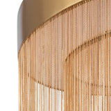 The Imaginary LED Large Ceiling Light - Gold showcases cascading gold chains from a circular frame, highlighting its intricate and elegant design, enhanced by a luxurious gold finish, creating an exquisite piece of luxury lighting.