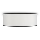 The Bergamo 3 Light Flush features a minimalist design with a cylindrical white shade and subtle black trim, epitomizing modern aesthetics. Viewed from below against a white background, it embodies contemporary lighting elegance.