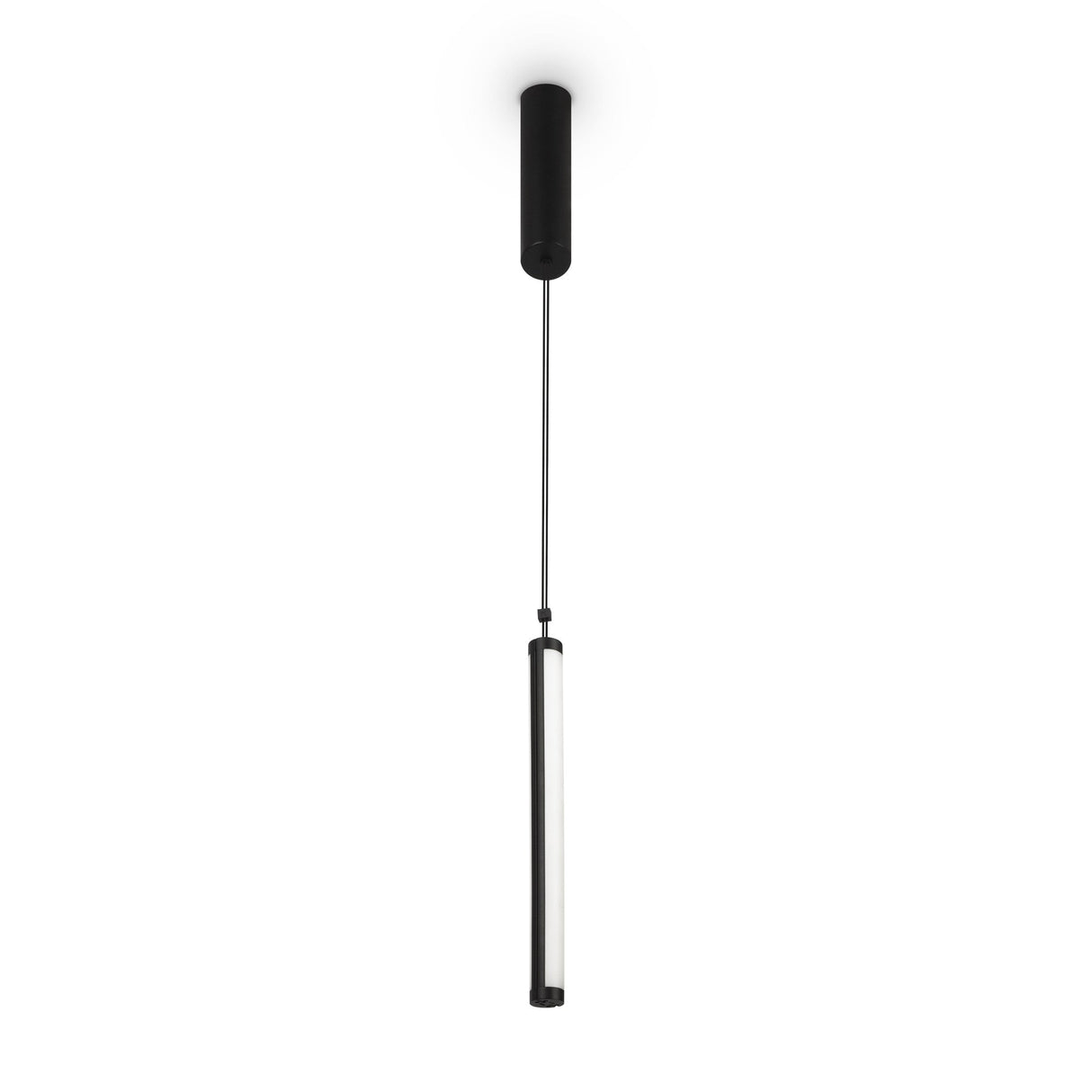 The Supersymmetry LED Pendant Light 17W 4000K in black features a sleek, cylindrical design with a thin cord suspension, offering a modern aesthetic with its slender matte black finish against a white background.