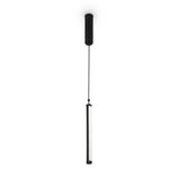 The Supersymmetry LED Pendant Light 17W 4000K in black features a sleek, cylindrical design with a thin cord suspension, offering a modern aesthetic with its slender matte black finish against a white background.