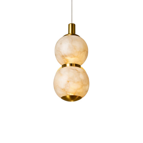 The Lumina 2 Light Orb Alabaster Single Pendant Light features stacked spherical alabaster shades in soft white with brass accents, suspended from a thin white cord against a white background.