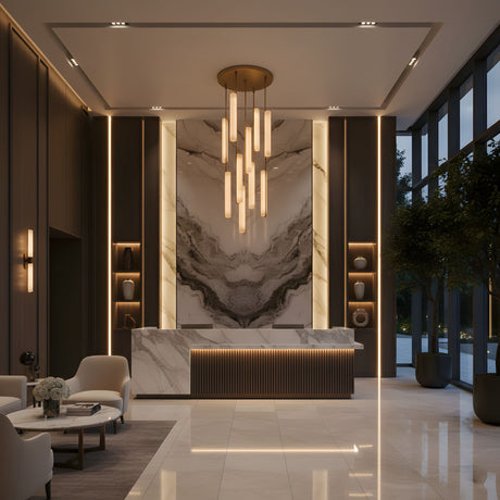 Niori Selvara 10 Light Alabaster Cluster Chandelier in brushed brass hangs above a marble reception desk in a contemporary lobby with seating and tall windows.