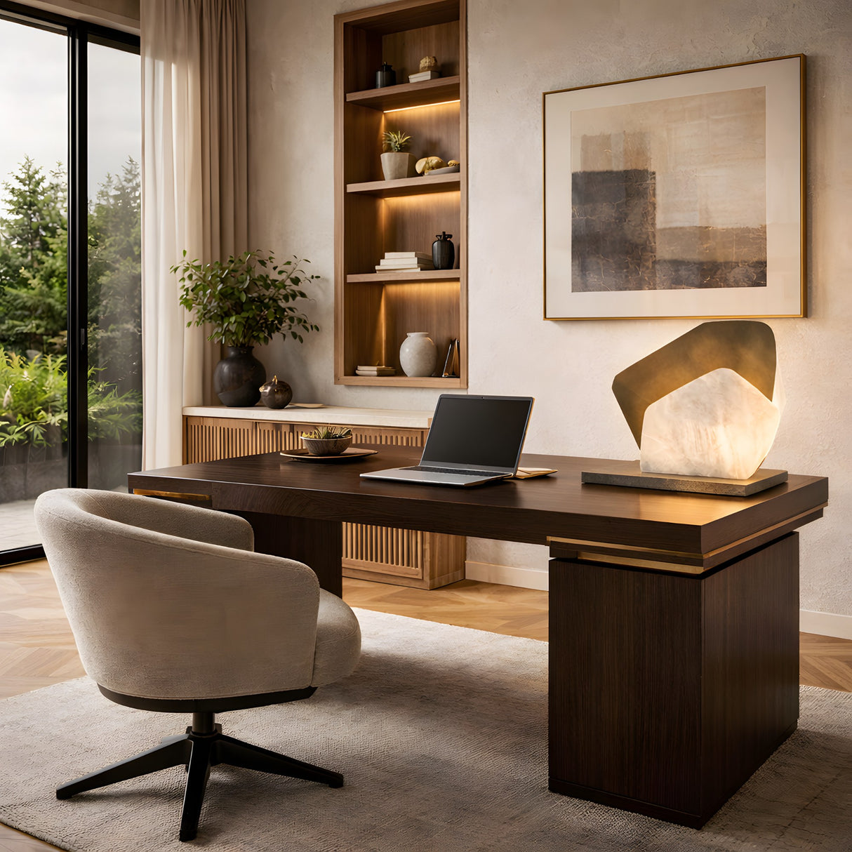 A modern home office with a dark wood desk, a light upholstered chair, a laptop, shelves with decor, large abstract art, greenery seen through the window, and the Caelis LED Alabaster Cluster Table Lamp in Brushed Brass & Soft White.