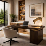 A modern home office with a dark wood desk, a light upholstered chair, a laptop, shelves with decor, large abstract art, greenery seen through the window, and the Caelis LED Alabaster Cluster Table Lamp in Brushed Brass & Soft White.