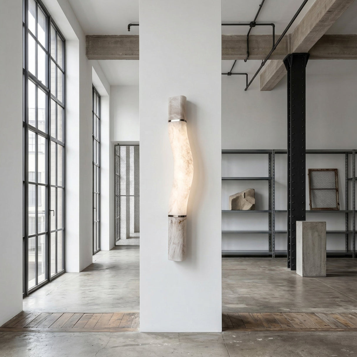 A modern minimal loft features large windows, concrete floors, exposed beams, and metal shelving. At the center, a Zarune LED Sculpted Curve Alabaster Wall Light in Matte Black & Soft White adds a striking sculptural touch on a white pillar.