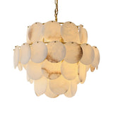 Niori Solyra four-tier chandelier with layered natural alabaster petal discs on a brushed brass frame, suspended from a brass chain.