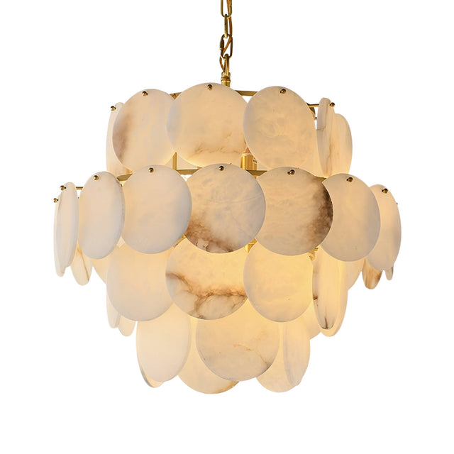 Niori Solyra four-tier chandelier with layered natural alabaster petal discs on a brushed brass frame, suspended from a brass chain.