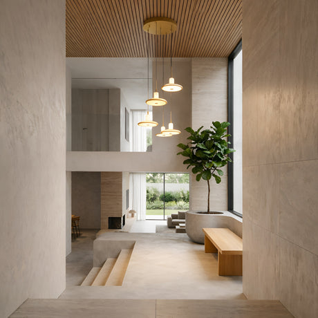 Minimalist interior with beige walls and floors, high ceiling featuring the Aurevia 5 Light LED Drop Alabaster Cluster Pendant Light in brushed brass, large window, indoor tree, wooden bench, and modern furniture for a bright, airy space.