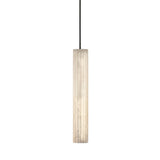 The Lucara LED Alabaster Single Pendant Light features a soft white frosted or textured surface and hangs vertically from a thin matte black cord, creating a modern look against a plain white background.