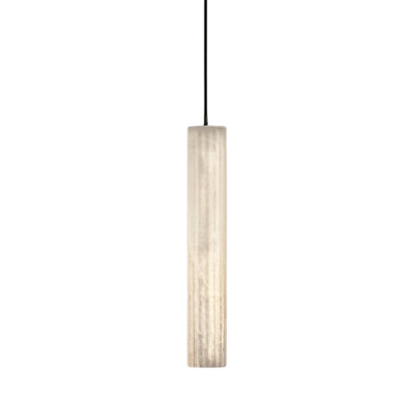 The Lucara LED Alabaster Single Pendant Light features a soft white frosted or textured surface and hangs vertically from a thin matte black cord, creating a modern look against a plain white background.