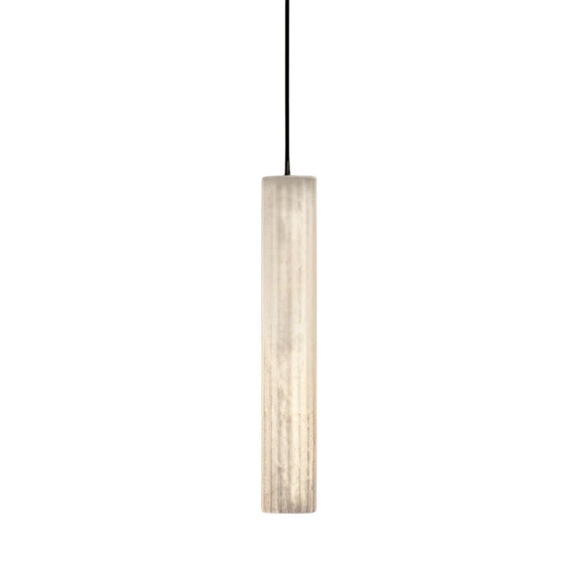 The Lucara LED Alabaster Single Pendant Light features a soft white frosted or textured surface and hangs vertically from a thin matte black cord, creating a modern look against a plain white background.