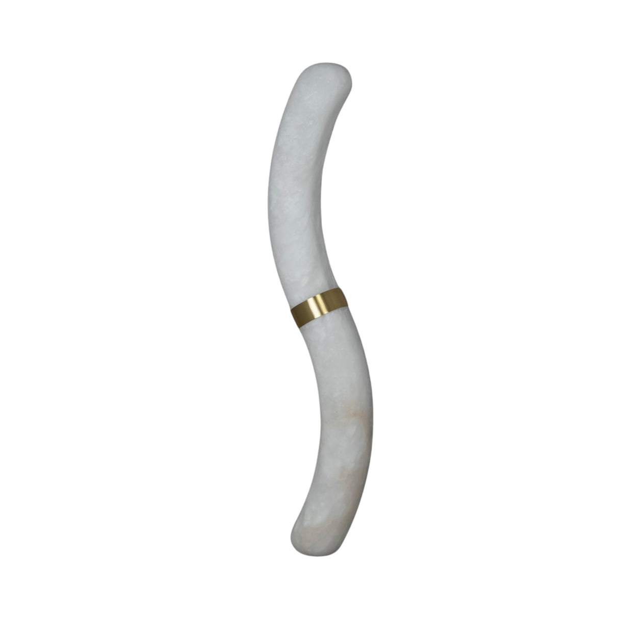 The Aureli LED Curved Alabaster Wall Light features a soft white, S-shaped design with a smooth surface and a brushed brass band at its center, showcased against a plain white background.