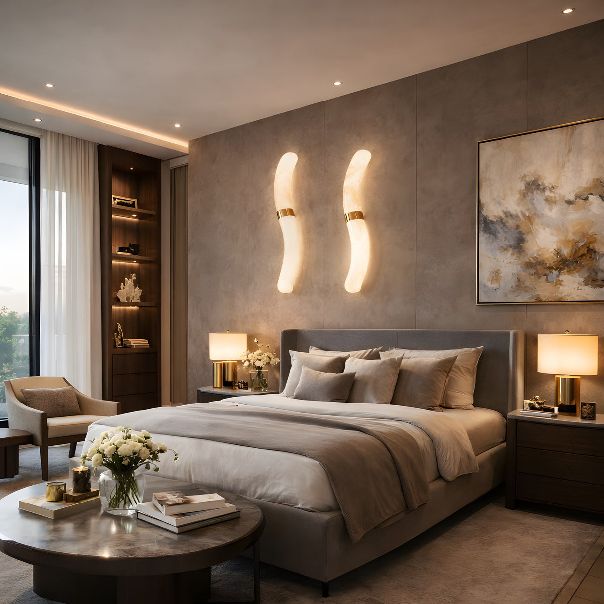 Modern bedroom with a large bed, neutral bedding, two Aureli LED Curved Alabaster Wall Lights in soft white and brushed brass, abstract art, bedside tables with lamps, a round coffee table with flowers, and cozy seating by floor-to-ceiling windows.