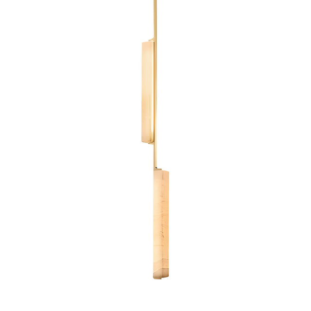 The Selvara LED Vertical Duo Alabaster Single Pendant Light in brushed brass and soft white features two vertical alabaster bars, suspended from a gold rod—ideal as a modern LED pendant for contemporary spaces.