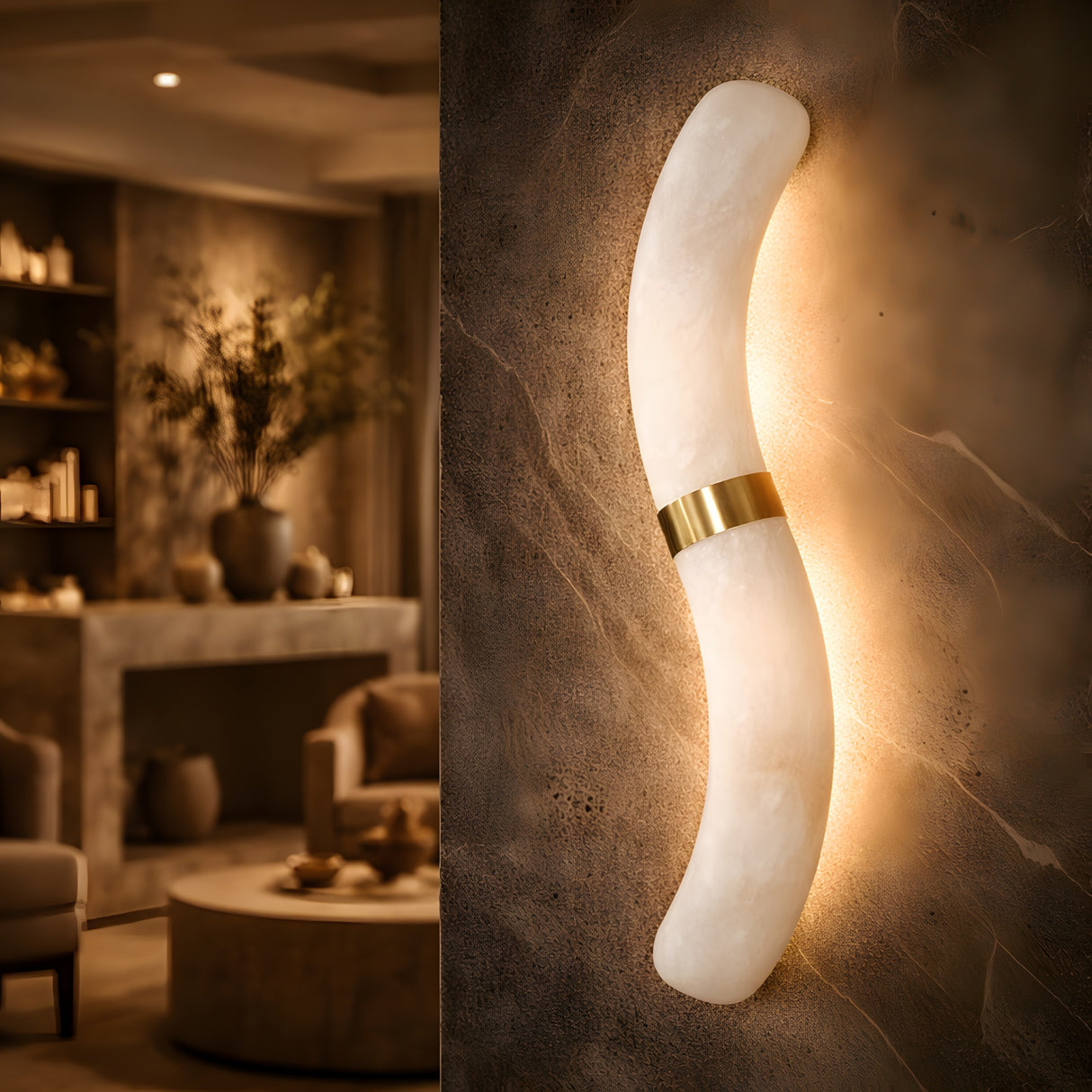 The Aureli LED Curved Alabaster Wall Light in soft white with a brushed brass accent emits warm light and is ideal for mounting on textured brown walls in an elegant, softly lit living room.