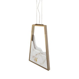 A modern, geometric hanging chair with a brushed brass frame and white marble-patterned cushion is suspended by cables against a white background—perfectly paired with the Atria LED Alabaster Single Pendant Light in Brushed Brass.