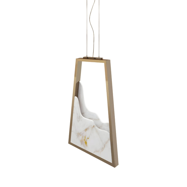 A modern, geometric hanging chair with a brushed brass frame and white marble-patterned cushion is suspended by cables against a white background—perfectly paired with the Atria LED Alabaster Single Pendant Light in Brushed Brass.