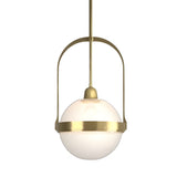 The Calis Alabaster Single Pendant Light features a soft white glass globe encircled by brushed brass and is elegantly suspended from a matching brass rod and arch.