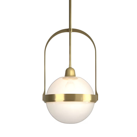 The Calis Alabaster Single Pendant Light features a soft white glass globe encircled by brushed brass and is elegantly suspended from a matching brass rod and arch.
