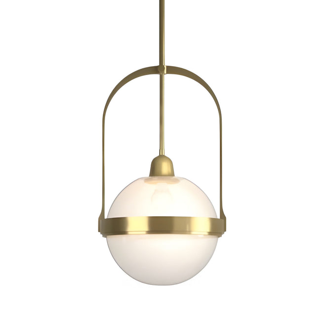 The Calis Alabaster Single Pendant Light features a soft white glass globe encircled by brushed brass and is elegantly suspended from a matching brass rod and arch.