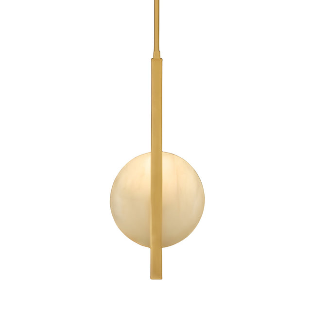 The Elyra LED Alabaster Single Pendant Light features a round soft white glass shade and a vertical brushed brass rod, elegantly suspended from the ceiling.
