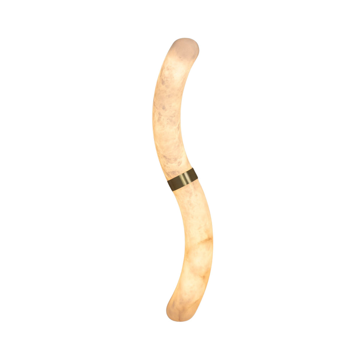 The Aureli LED Curved Alabaster Wall Light in Soft White & Brushed Brass features a warm, diffused glow and elegant modern design with a brushed brass center band, shown here against a white background.