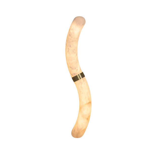 The Aureli LED Curved Alabaster Wall Light in Soft White & Brushed Brass features a warm, diffused glow and elegant modern design with a brushed brass center band, shown here against a white background.