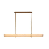 Niori Zarune LED linear chandelier with a horizontal alabaster bar suspended by two brushed brass rods from an oval canopy, on a white background.