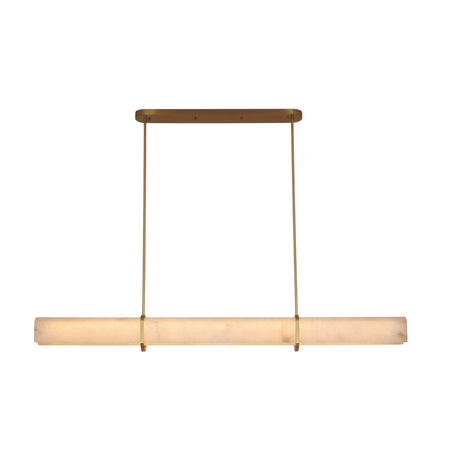 The Zarune LED Linear Drop Alabaster Suspension Light in Brushed Brass & Soft White features a sleek cylindrical shade suspended by twin gold rods from a matching ceiling mount, offering stylish contemporary lighting against a minimalist backdrop.