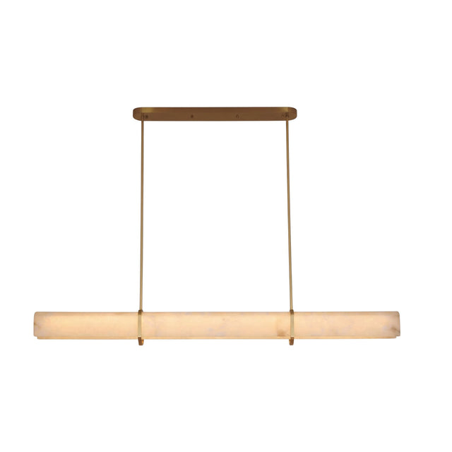 Niori Zarune LED linear chandelier with a horizontal alabaster bar suspended by two brushed brass rods from an oval canopy, on a white background.